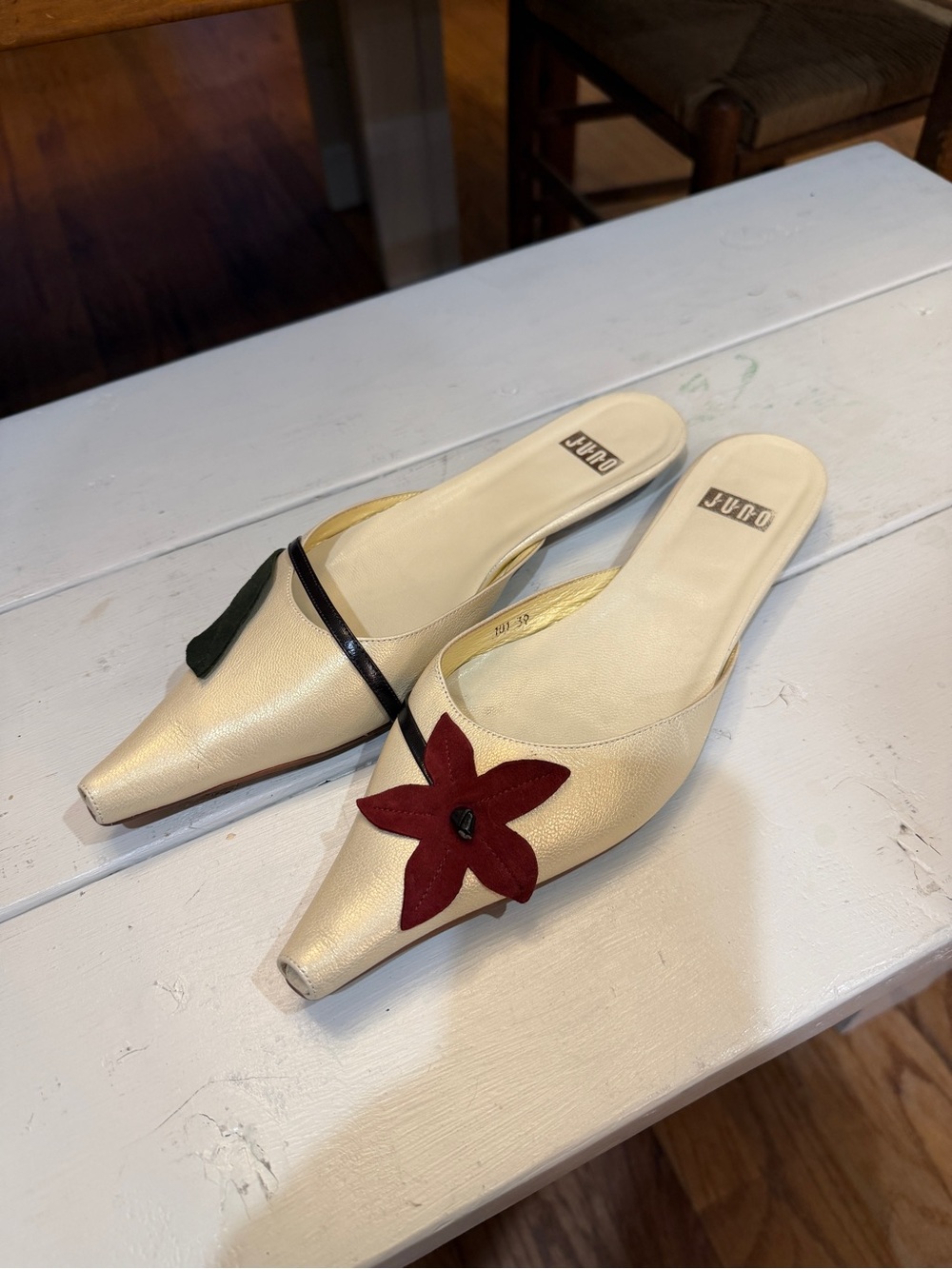 Vintage Juno flats


Cream Pointed Mule Slip-On with Red Floral Accent